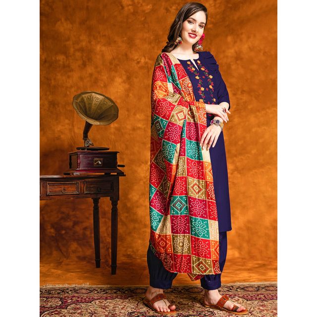 Youthnic Embroidered & Mirror Work Cotton Straight Kurta Dupatta Set | SKD44 - Sawan Navy | M