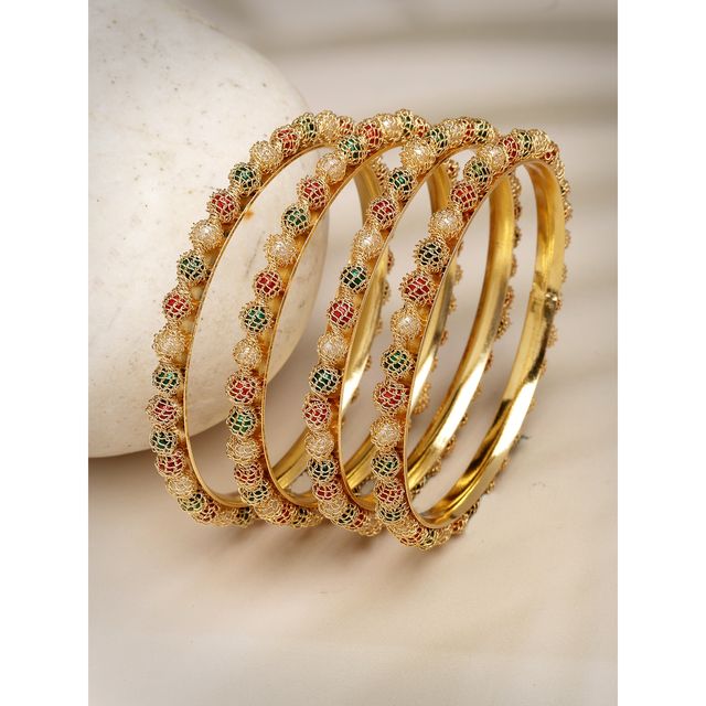 NVR Women's Set of 4 Gold-plated Beads Handcrafted Traditional Bangles | NVR2464-S