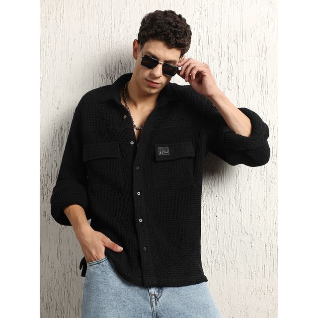 Hubberholme Men's Oversized Cotton Casual Waffel Double Pocket Full Sleeve Shirt | Black - 38