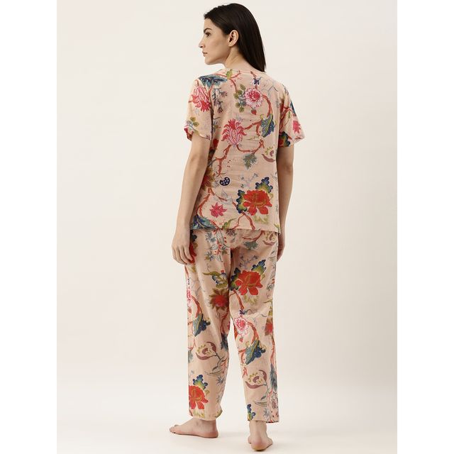 Sanskrutihomes Women's Floral Night Suit | Beige - S