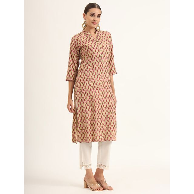 Divena Women s Red Floral Print Pure Cotton Straight Kurta | DK2122 | XL