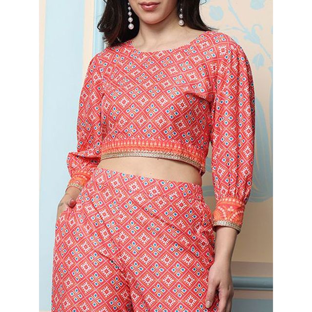 Ishin Women's Printed Cotton Co-ord Set | Red - M