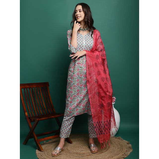 Bandia Women's Floral Printed Kurta Trouser Set with Dupatta | BANKS0003 | Sea Green | M
