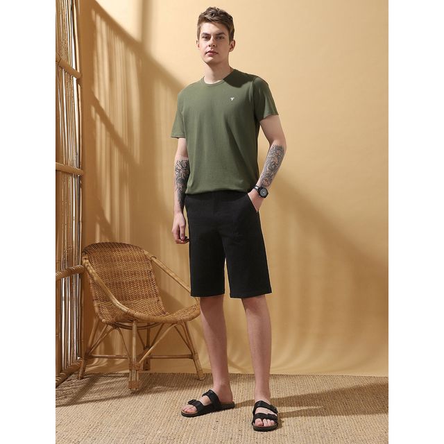 Dennis Lingo Men's Knee Length Mid-Rise Cotton Casual Shorts | DLMWSS25003 BK-28 | Black | 28