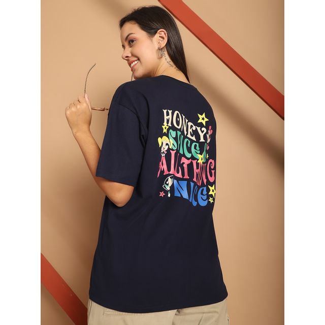 Fabflee Women Oversize Cotton Printed Round Neck Tshirt | Dark Blue | FAB-OS-506 | XL
