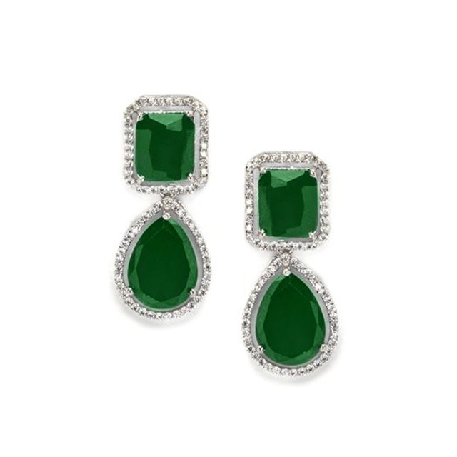 Rubans Rhodium-Plated Emerald Green and Cubic Zirconia Studded Premium Drop Earrings