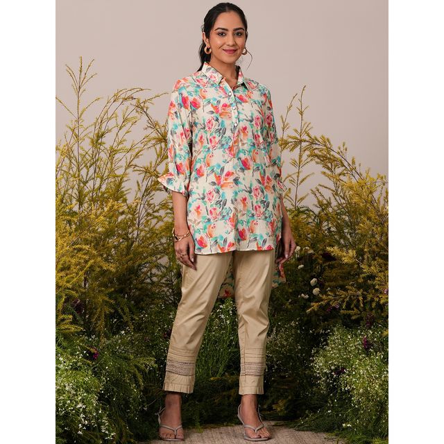 Libas Women's Printed Silk Blend Pathani Kurti | 37083 37083 | Cream - L