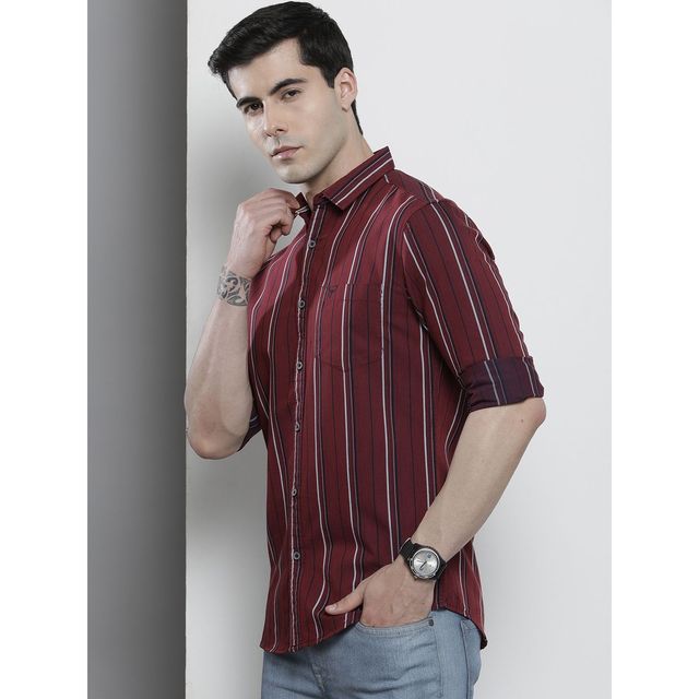 The Indian Garage Co Men's Regular Fit Striped Casual Shirt | Maroon - XL