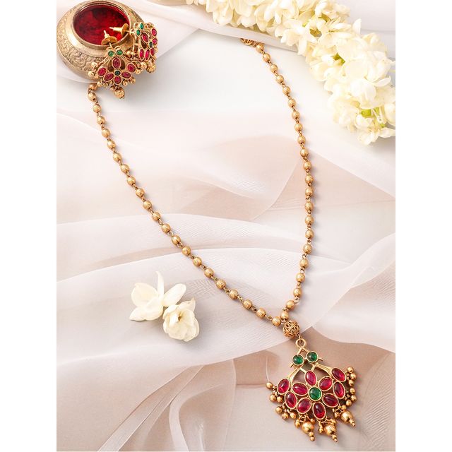 Rubans 22K Gold-Plated Emerald Green, Ruby Pink Kundan Jewellery Set with Golden Beads
