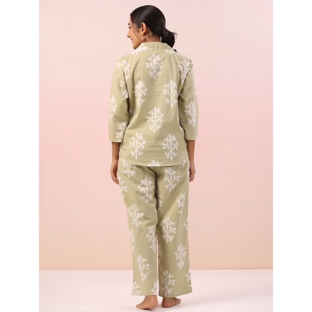 Sanskrutihomes Women Pure Cotton Green Printed Night Suit SE-NSP-522 | XL