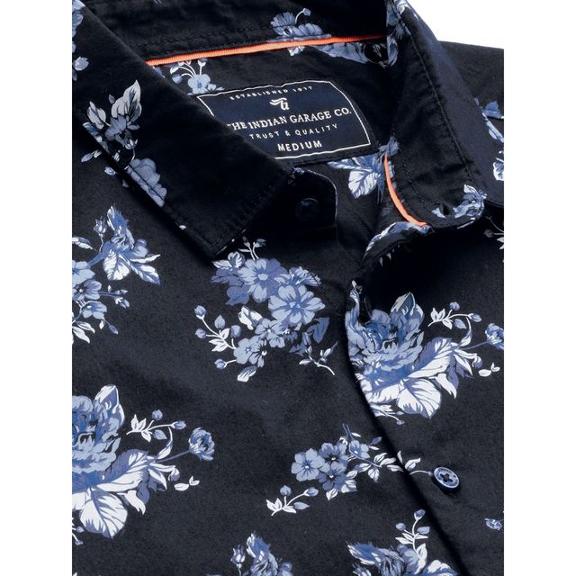 The Indian Garage Co Men's Slim Fit Floral Print Casual Shirt | Navy Blue - M