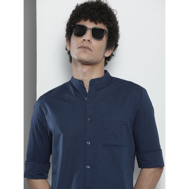 The Indian Garage Co Men's Regular Fit Solid Casual Shirt | Dark Blue - M