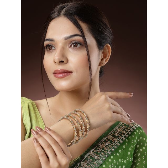 NVR Women's Set of 4 Gold-plated Beads Handcrafted Traditional Bangles | NVR2464-S