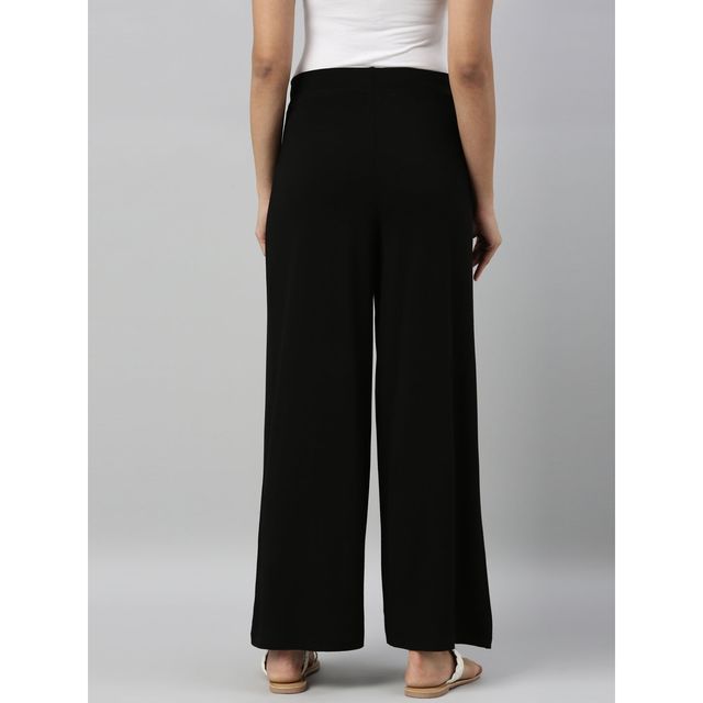 Go Colors Women's Solid Viscose Mid Rise Knit Palazzos | LPZ1 | Black - M