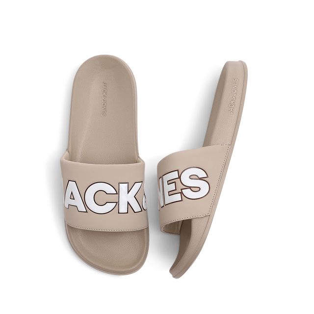 Jack & Jones Men's Outline Contrast Logo Pool Sliders | Beige - UK 6