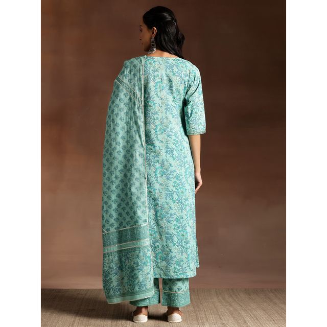 Libas Women's Turquoise Printed Cotton A-Line Kurta With Palazzos & Dupatta | S