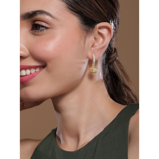Rubans 18K Gold-Plated Cubic Zicronia Studded Open Hoop Earrings with Filigree Detailing