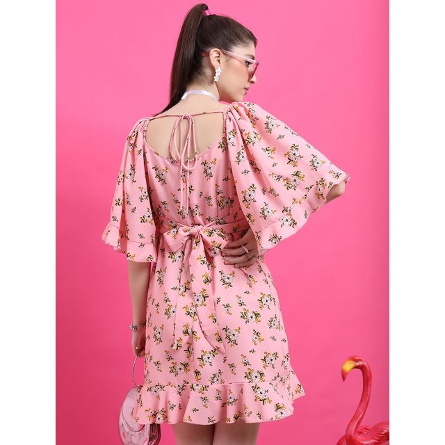 Ketch Women's Floral Printed Flared Sleeve Ruffled Wrap Dress | Multicolor - S