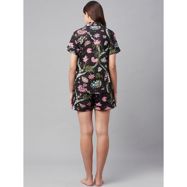 Divena Cotton Floral Print Women's Night Suit | DK0222 | Black - XL