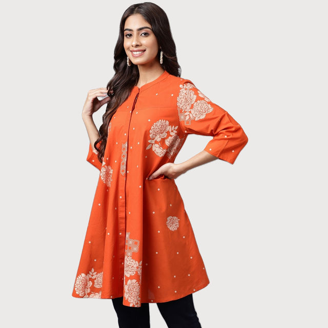 Janasya Women s Orange Pure Cotton Floral Printed Flared Tunic