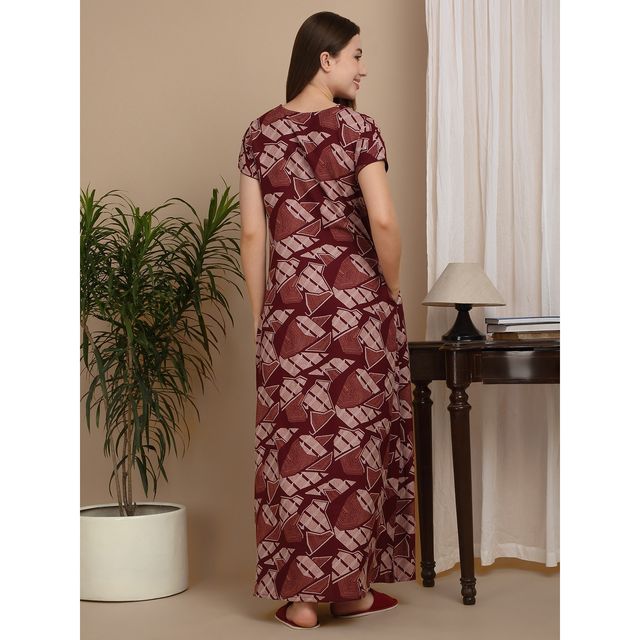 Sweet Dreams Women Printed Full Length Night Dress - L Ocw | 3826 Maroon