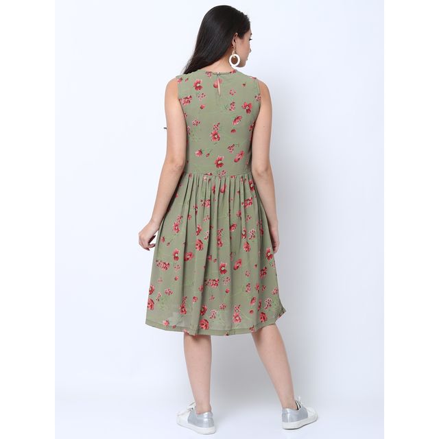 Tokyo Talkies Women's Printed Fit and Flare Dress | Green - XL