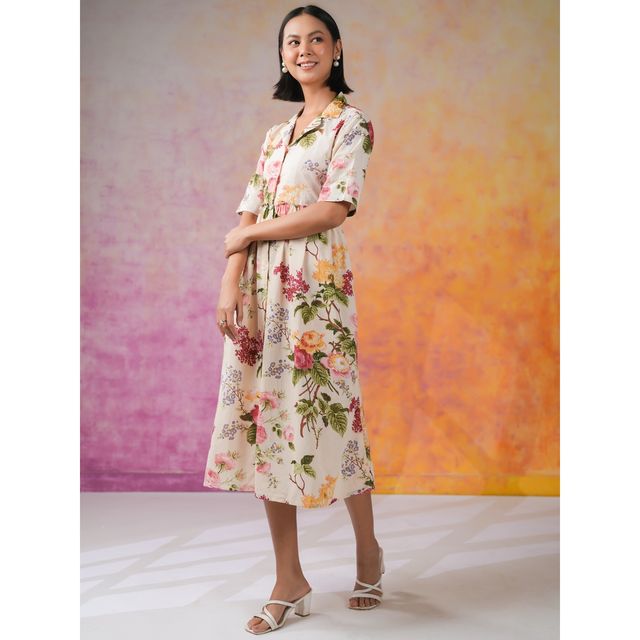 Sanskrutihomes Floral Print Fit & Flare Dress for Women s | Off White | M