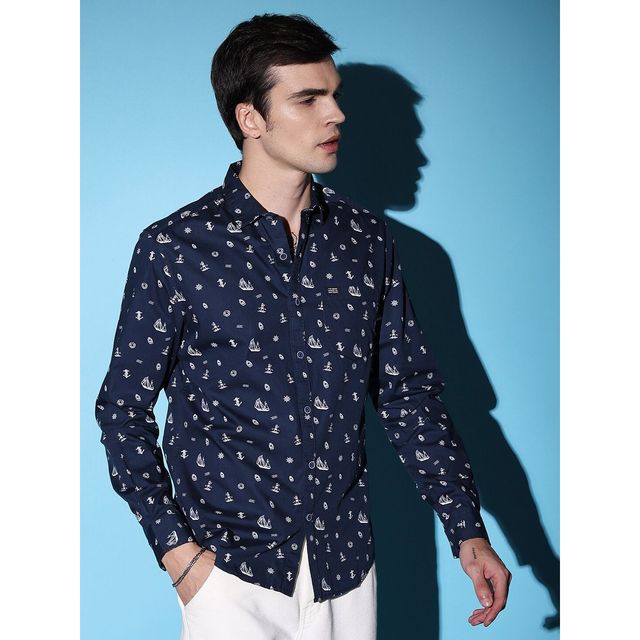 The Indian Garage Co Men's Slim Fit Conversational Print Casual Shirt | Navy Blue - 2XL