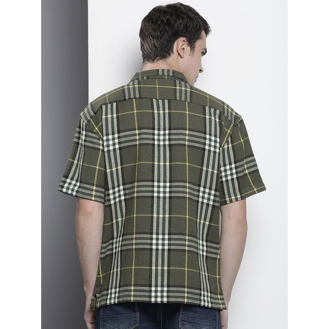 The Indian Garage Co Men's Relaxed Fit Checkered Resort Wear Half Sleeve Shirt | Green - S