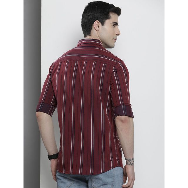 The Indian Garage Co Men's Regular Fit Striped Casual Shirt | Maroon - XL