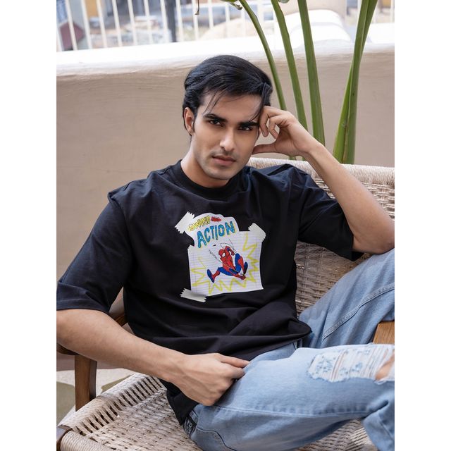 Bonorganik Men's Spiderman Oversize Front Print T-shirt | BON12013 | Black - XL