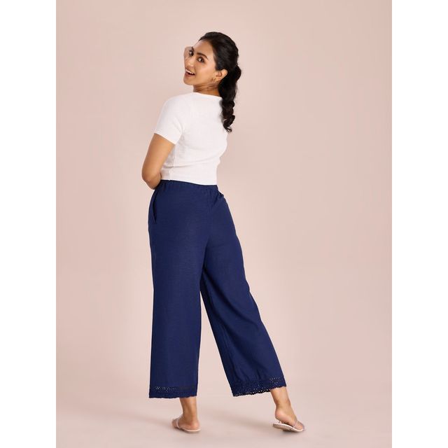Go Colors Women's Solid Mid Rise Linen Wide Pant | LPZ8 | Navy - L