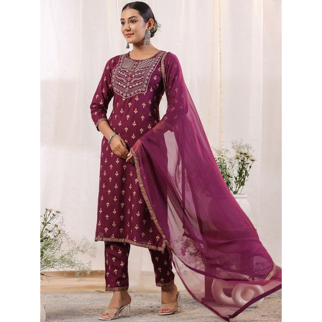 Anubhutee Women's Ethnic Straight Viscose Rayon Kurta Set with Dupatta | Purple - L