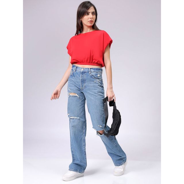 Freehand Women's Regular Solid Casual Crop Top | Red - S