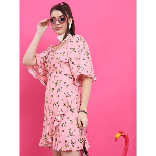Ketch Women's Floral Printed Flared Sleeve Ruffled Wrap Dress | Multicolor - S