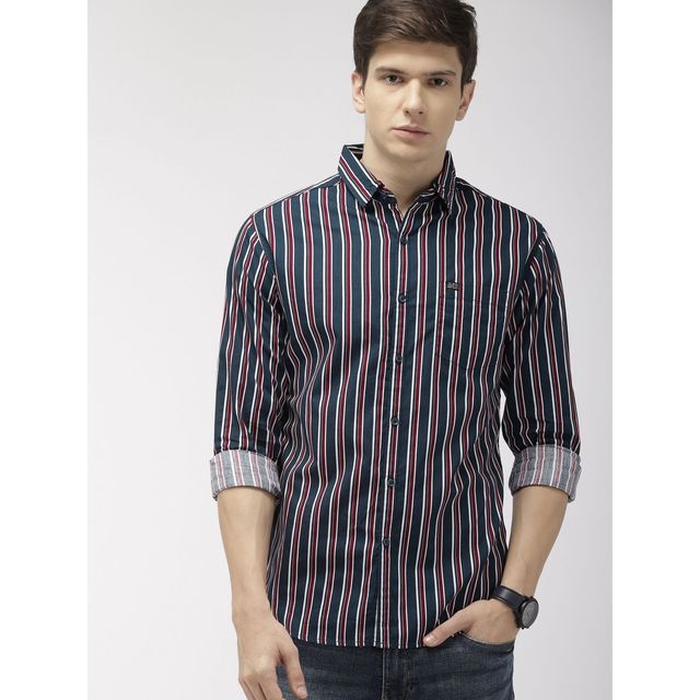 The Indian Garage Co Men's Slim Fit Multi Stripes Casual Shirt | Navy Blue - 2XL