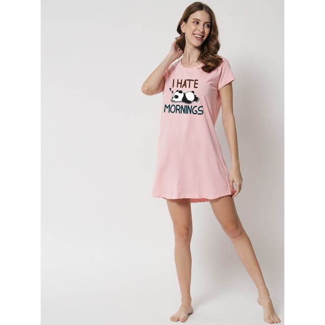 Fflirtygo Women's Cotton Long Tees | Morning Mood Short Nighty | Pink - M