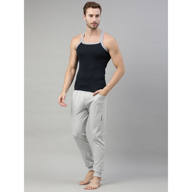 Dixcy Scott Men's 100% Combed Cotton Rib Solid Squared Neck Sleeveless Gym Vest | Grey & Navy - M