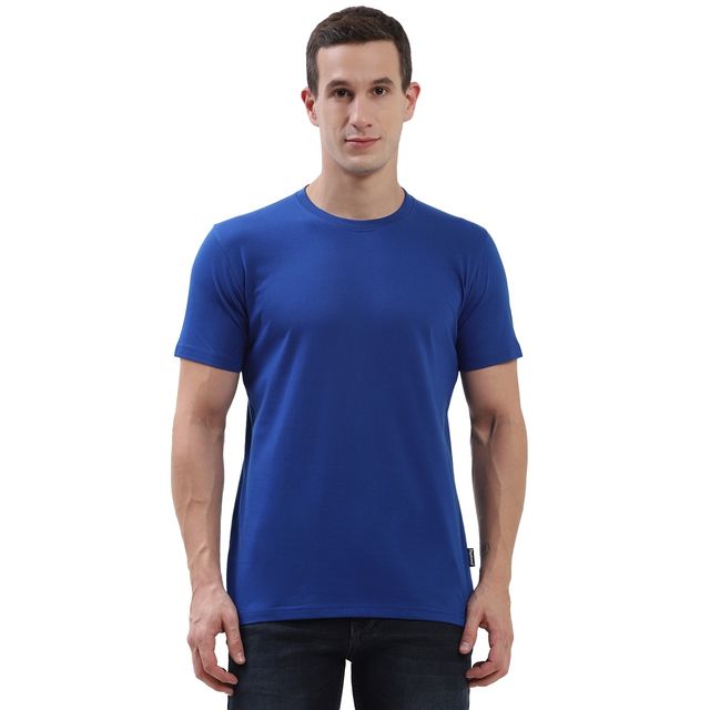 hummel Men's Cam Round Neck Solid Regular Fit Cotton Poly T-shirt | Blue - S