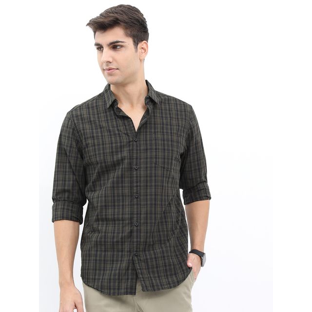 Highlander Men's Slim Fit Checked Casual Shirt - Olive and Black | M
