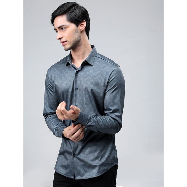 Highlander Men's Printed Knitted Party Wear Casual Shirt - Blue | M