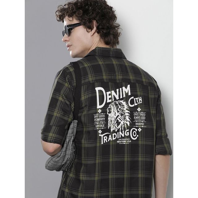 The Indian Garage Co Men's Regular Fit Checkered Casual Over Shirt | Black - M