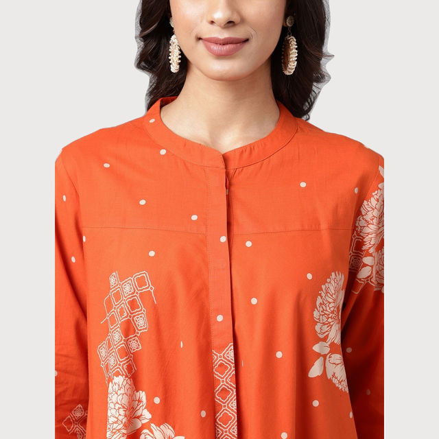 Janasya Women s Orange Pure Cotton Floral Printed Flared Tunic
