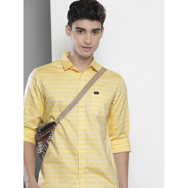 The Indian Garage Co Men's Slim Fit Striped Casual Shirt | Yellow - S