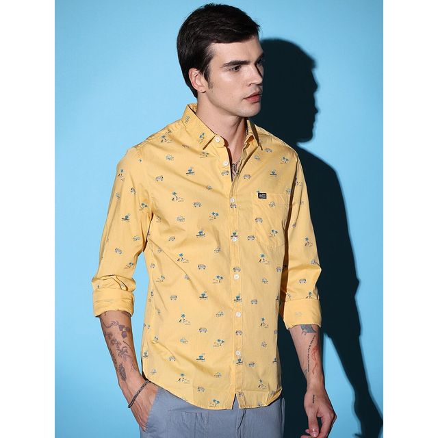 The Indian Garage Co Men's Slim Fit Cartoon Casual Shirt | Yellow - S