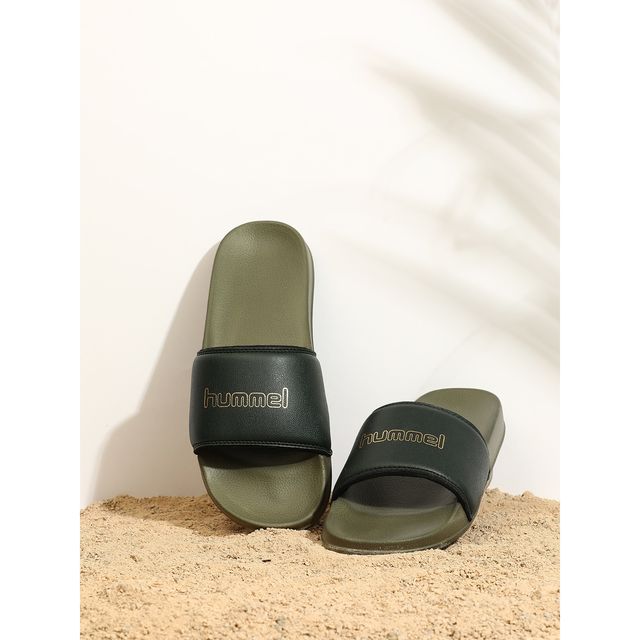 hummel Classic Lightweight Slides For Men With Cushioned Sole And Arch Support | Green & Gold | 6