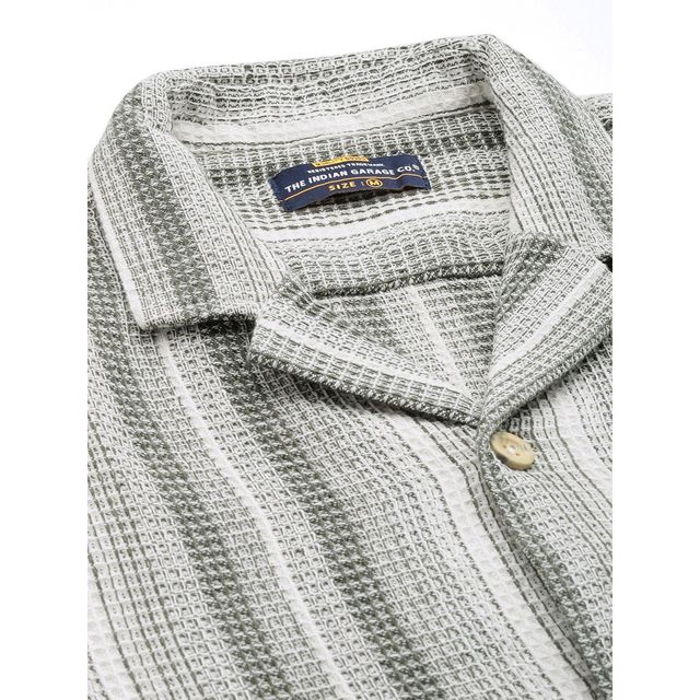 The Indian Garage Co Men's Relaxed Fit Striped Resort Wear Half Sleeve Shirt | Cream - S