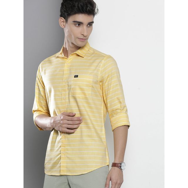 The Indian Garage Co Men's Slim Fit Striped Casual Shirt | Yellow - S