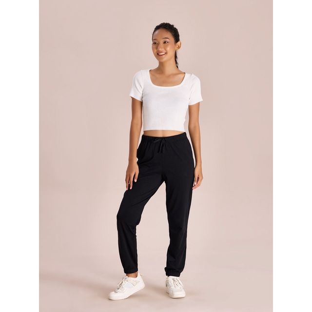 Go Colors Women's Solid Cotton Mid Rise Casual Joggers | LL07 | Black - S