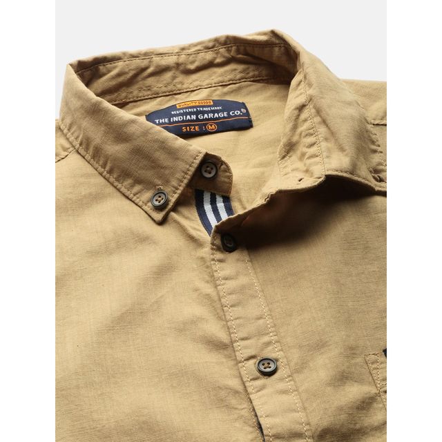 The Indian Garage Co Men's Slim Fit Solid Casual Shirt | Khaki - M